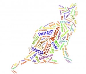 This is a word cloud generated by the website Tagxedo. It is in the shape of a cat and consists of a mixture of dozens of words chosen from text that had been inserted into the app based on scientific writing work I did in the week prior to initially writing this post.